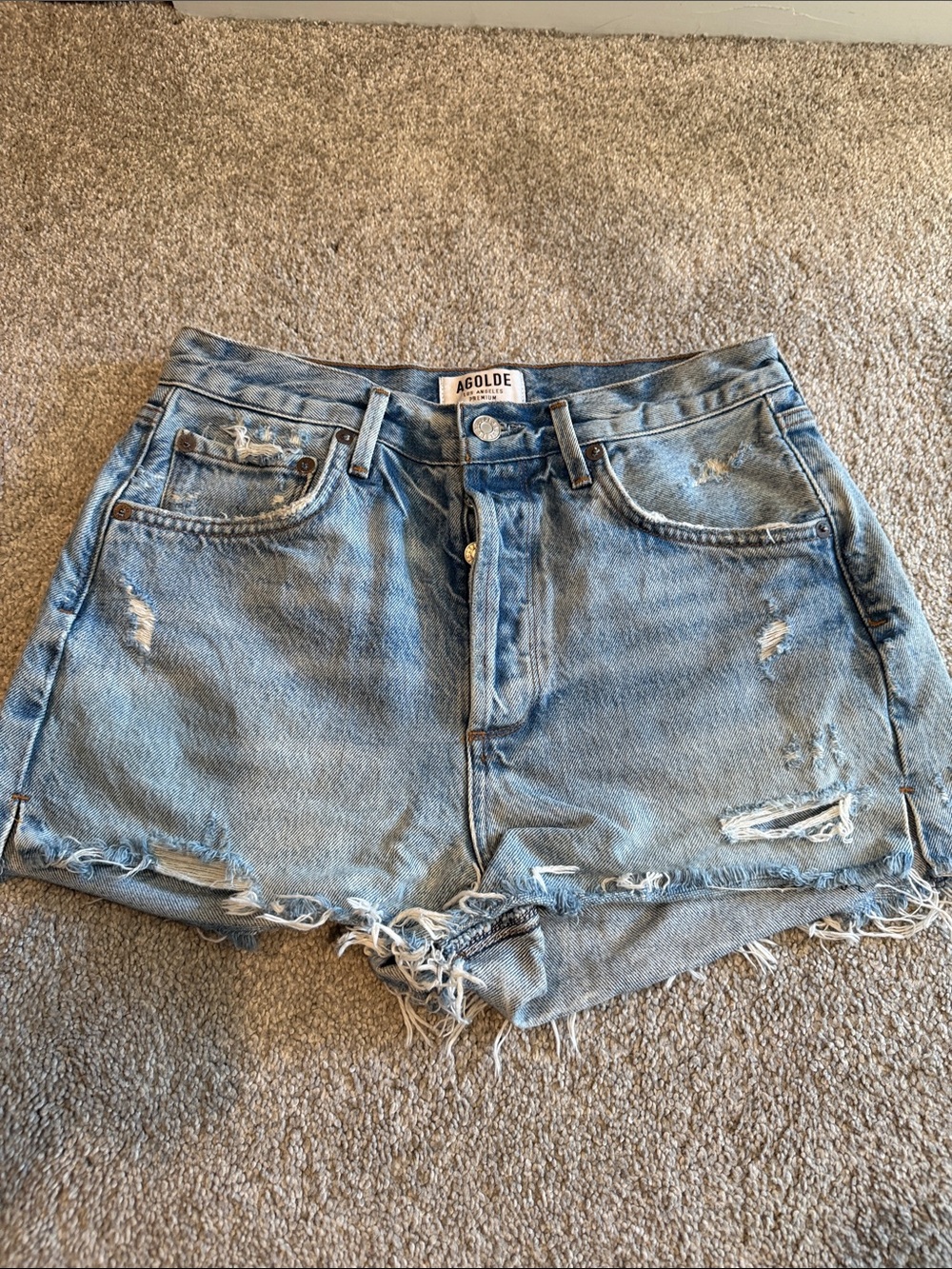 Agolde Light Wash Distressed Denim Shorts